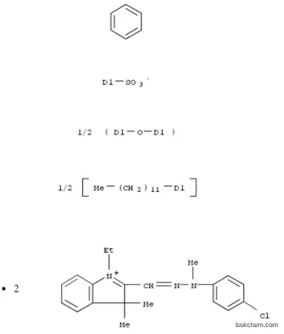 Molecular Structure of 115728-93-3 (3H-Indolium, 2-[[2-(4-chlorophenyl)-2-methylhydrazinylidene]methyl]-1-ethyl-3,3-dimethyl-, dodecyl(sulfophenoxy)benzenesulfonate (2:1))
